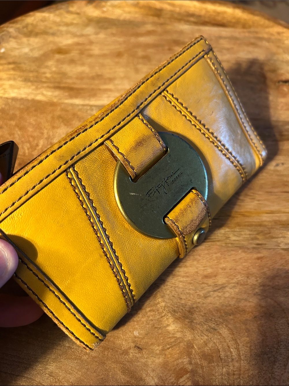 Fossil Yellow Leather Card Holder with Metal Logo Accent